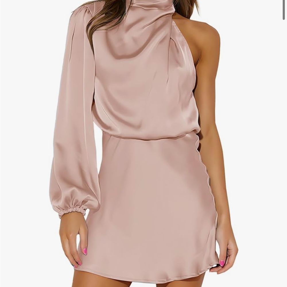 Elegant One-Shoulder Satin Pink Dress